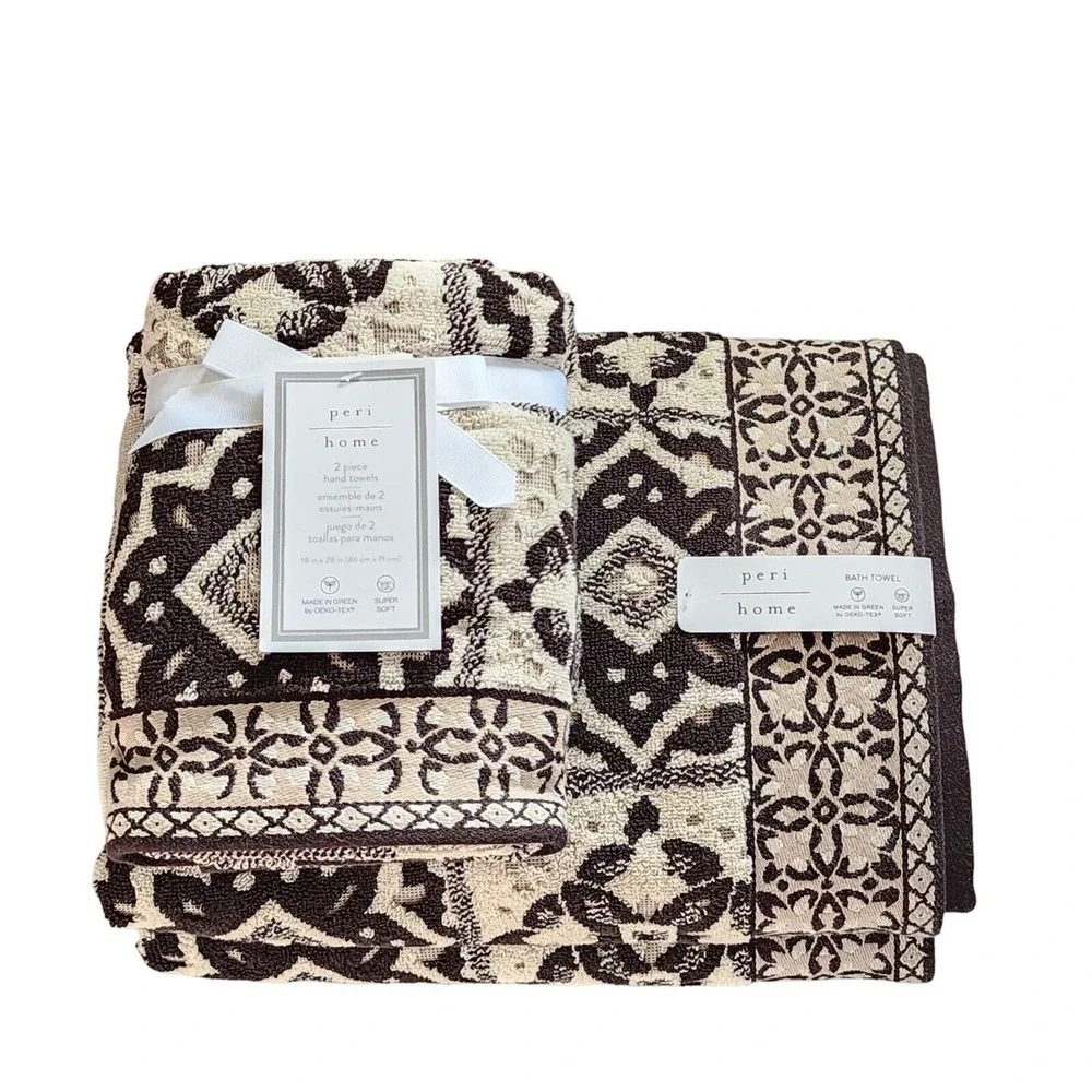 Peri Home Moroccan Tiles 6pc Cotton Towels Black Beige Set 2 Bath 2 Hand 2 Tip